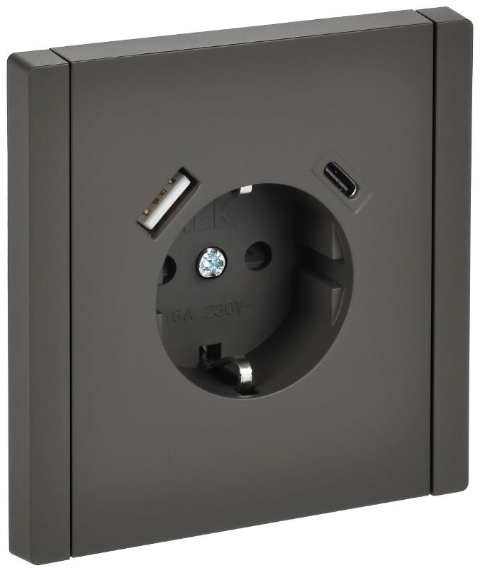 FORTE&PIANO Розетка с заземлением, со шторками в/к 16А USB A+C 18Вт FP347 серый