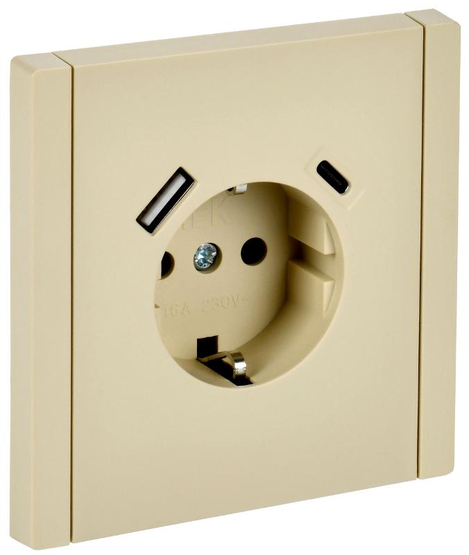 FORTE&PIANO Розетка с заземлением, со шторками в/к 16А USB A+C 18Вт FP447 ваниль