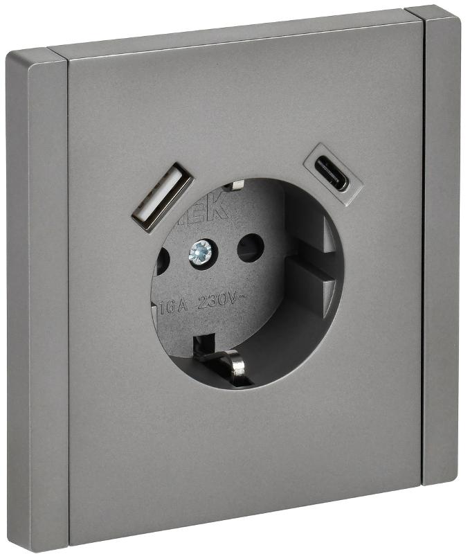 FORTE&PIANO Розетка с заземлением, со шторками в/к 16А USB A+C 18Вт FP547 сталь
