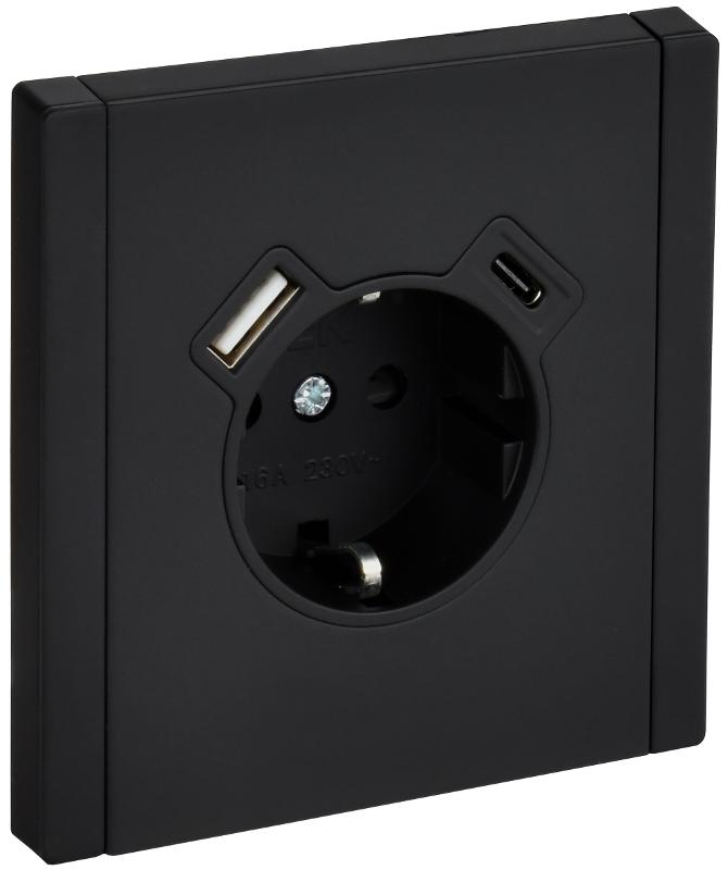 FORTE&PIANO Розетка с заземлением со шторками в/к 16А USB A+C 18Вт FP147M черный