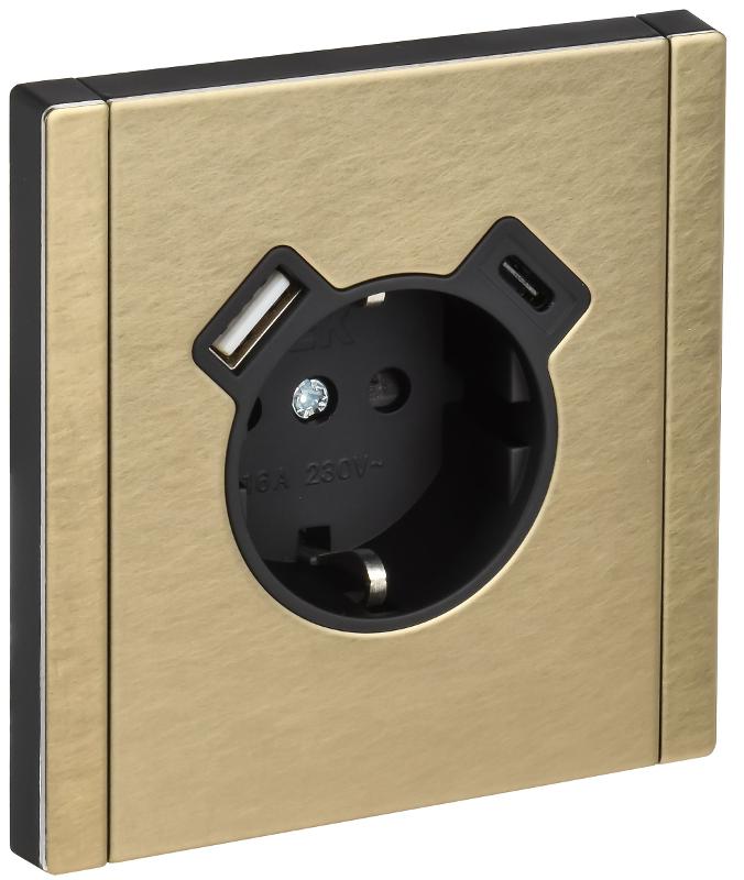 FORTE&PIANO Розетка с заземлением со шторками в/к 16А USB A+C 18Вт FP647M металл шампань