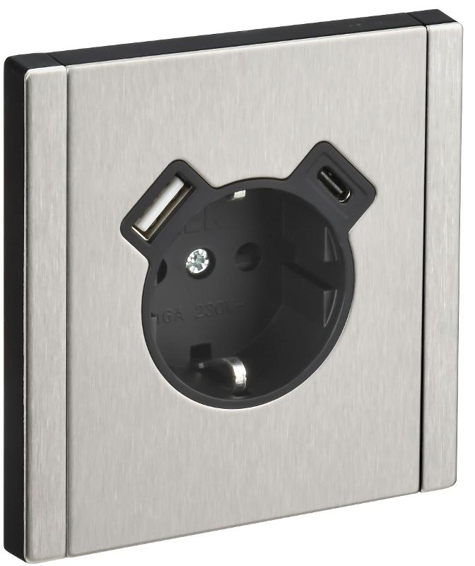 FORTE&PIANO Розетка с заземлением со шторками в/к 16А USB A+C 18Вт FP747M металл никель