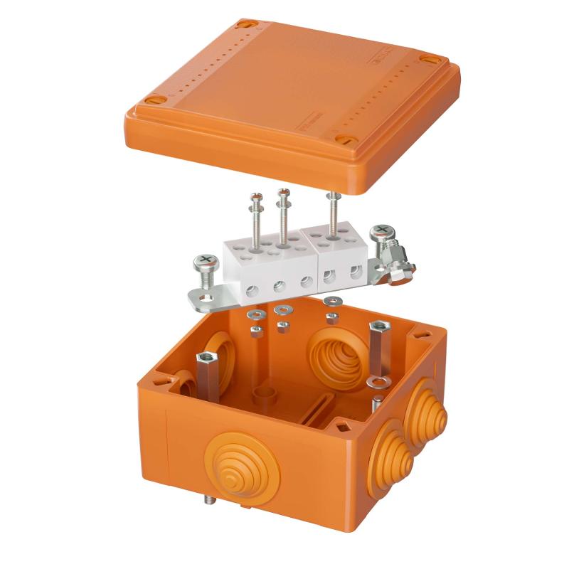 Коробка распределительная пластиковая FS огн., IP56,100х100х50мм, 5р, 450V,20A,10мм.кв с кабельными вводами и клеммниками