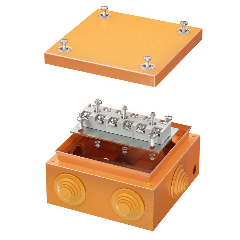 Коробка распределительная стальная FS огн.,IP55,150х150х80мм,6р,450V,32A,10мм.кв, нерж.контакт с кабельными вводами и клеммниками