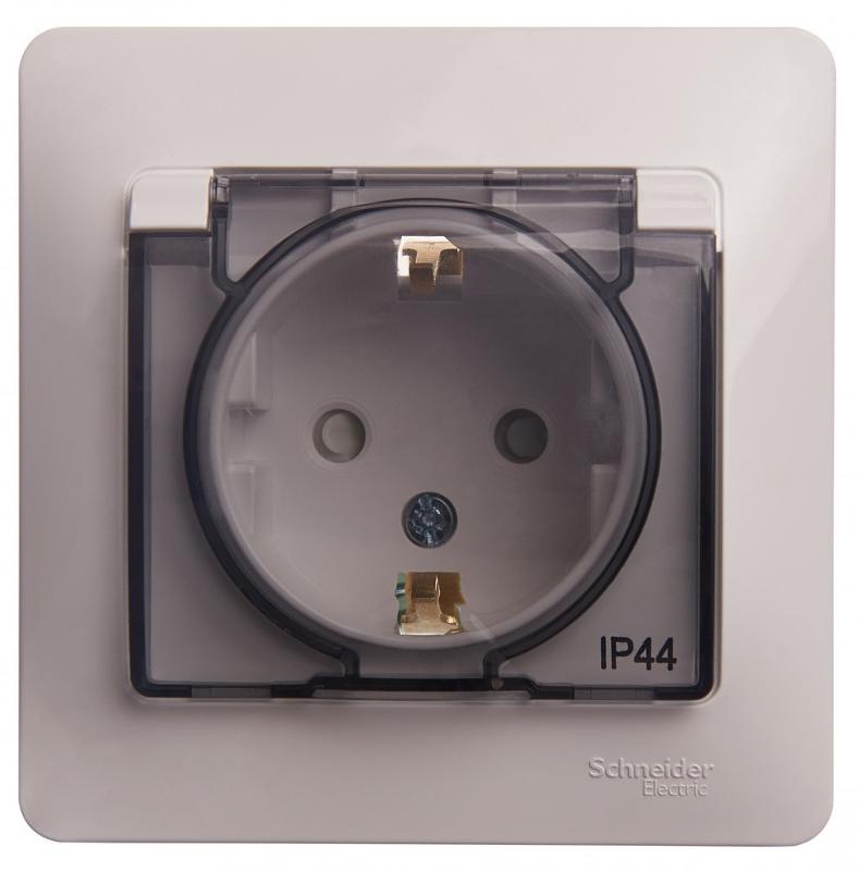 Glossa Белый Розетка с заземлением со шторками с крышкой, IP44 (в сборе с рамкой)