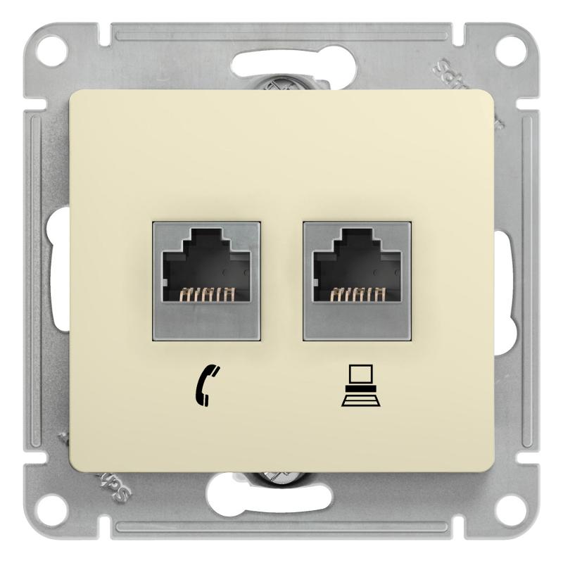 Glossa Бежевый Розетка 2-я RJ11+RJ45, кат.5E