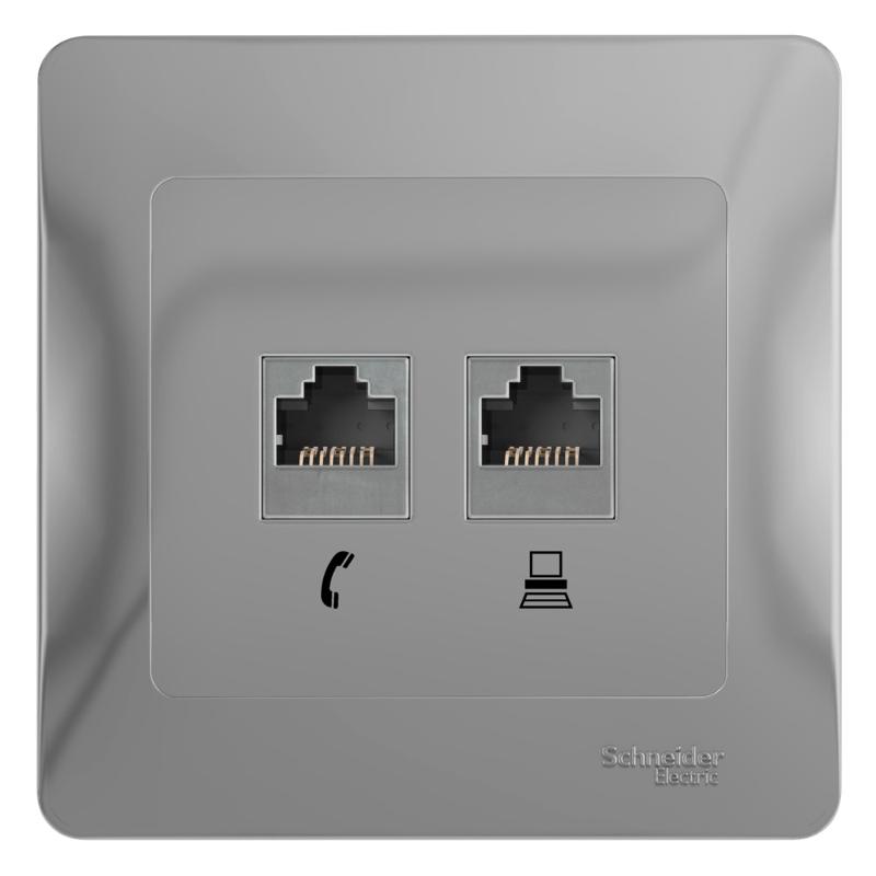 Glossa Алюминий Розетка 2-я RJ11+RJ45, кат.5E