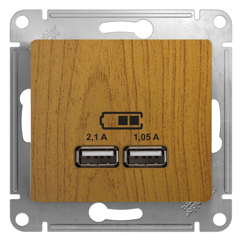 Glossa Дерево Дуб USB Розетка, 5В/2100мА, 2х5В/1050мА, механизм