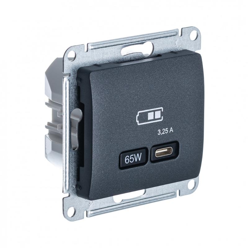 Glossa Антрацит USB Розетка тип-C 65W высокоскор.заряд. QC PD