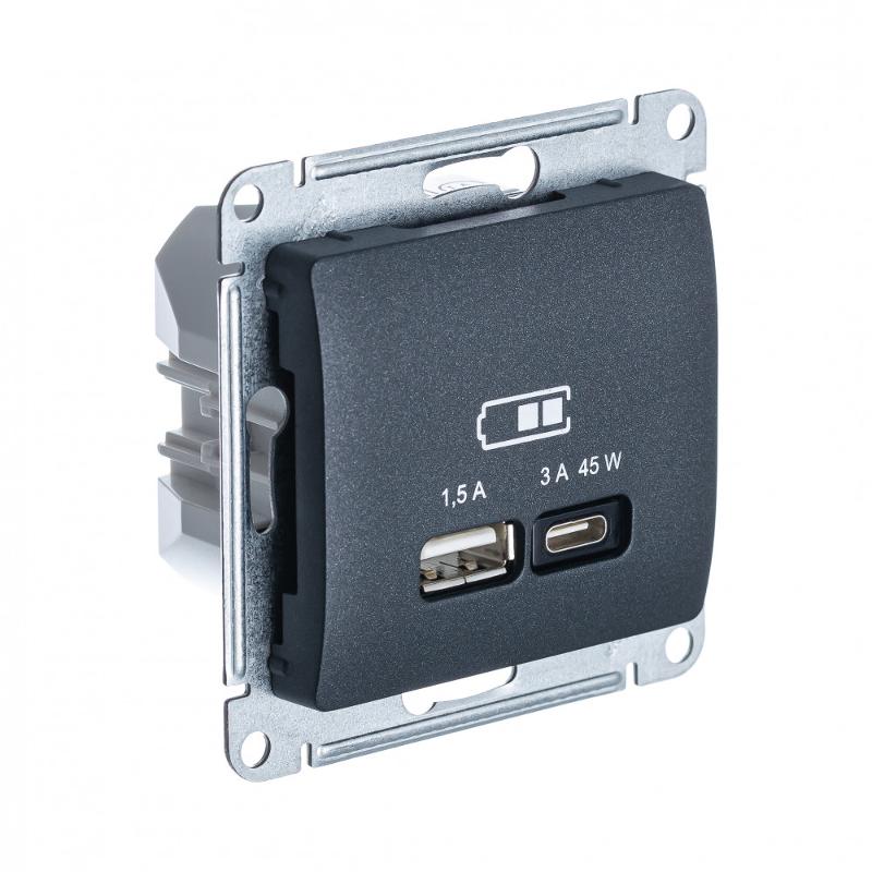 Glossa Антрацит USB Розетка A + тип-C 45W высокоскор.заряд. QC PD