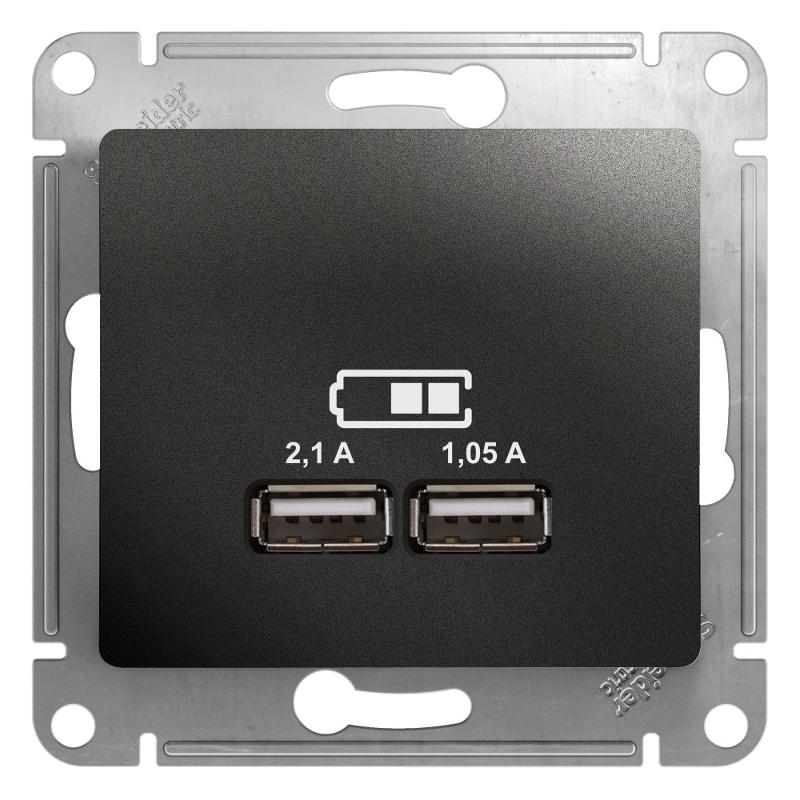 Glossa Антрацит USB Розетка,5В/2100мА, 2х5В/1050мА, механизм