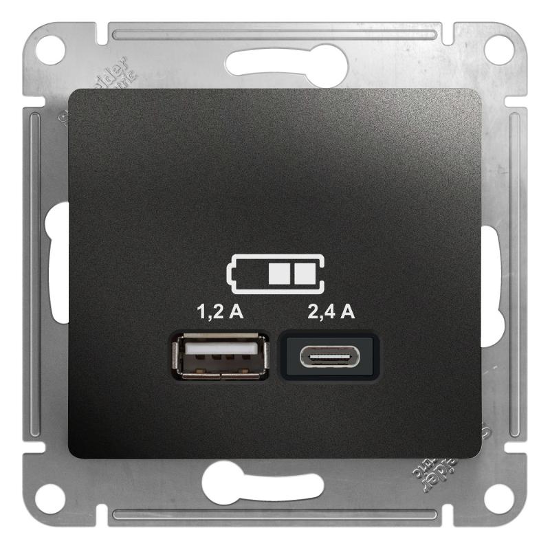 Glossa Антрацит USB Розетка A+С, 5В/2,4А, 2х5В/1,2 А, механизм