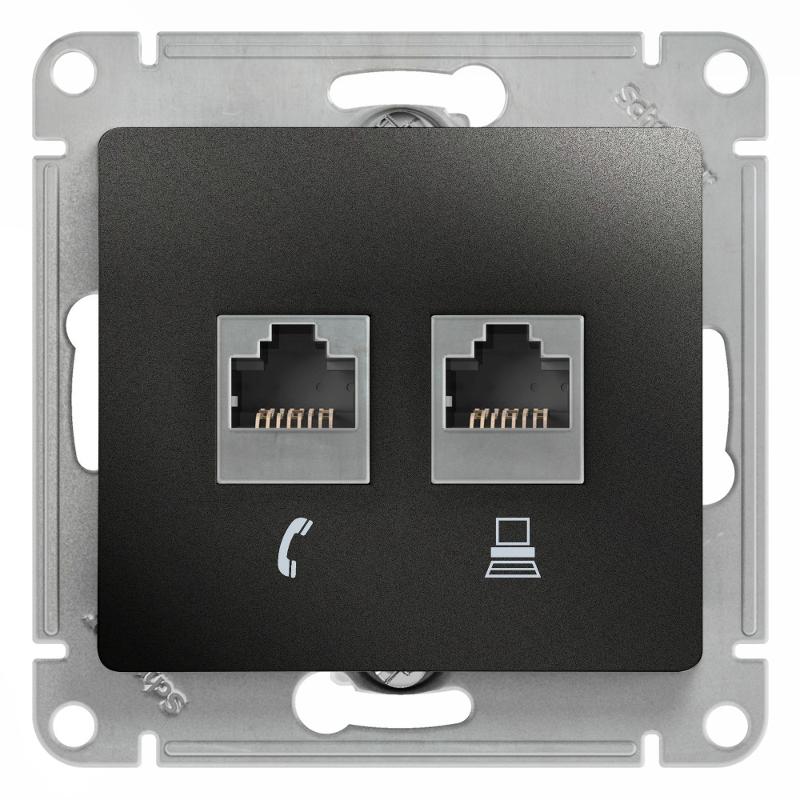 Glossa Антрацит Розетка 2-ая RJ11+RJ45, кат.5E