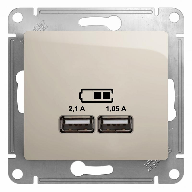 Glossa Молочный USB Розетка, 5В/2100мА, 2х5В/1050мА, механизм