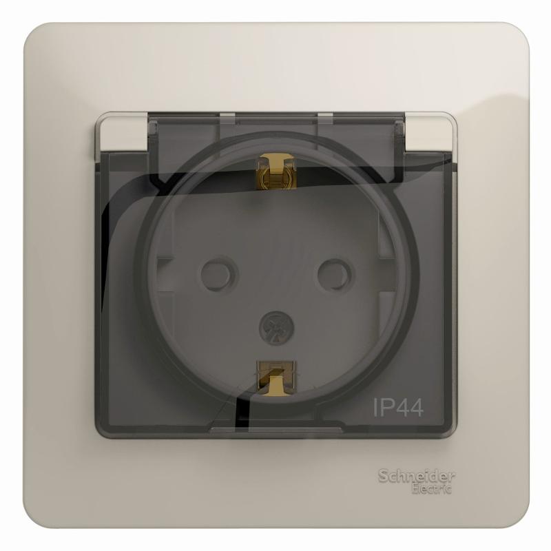 Glossa Молочный Розетка с заземлением со шторками с крышкой IP44 (в сборе)