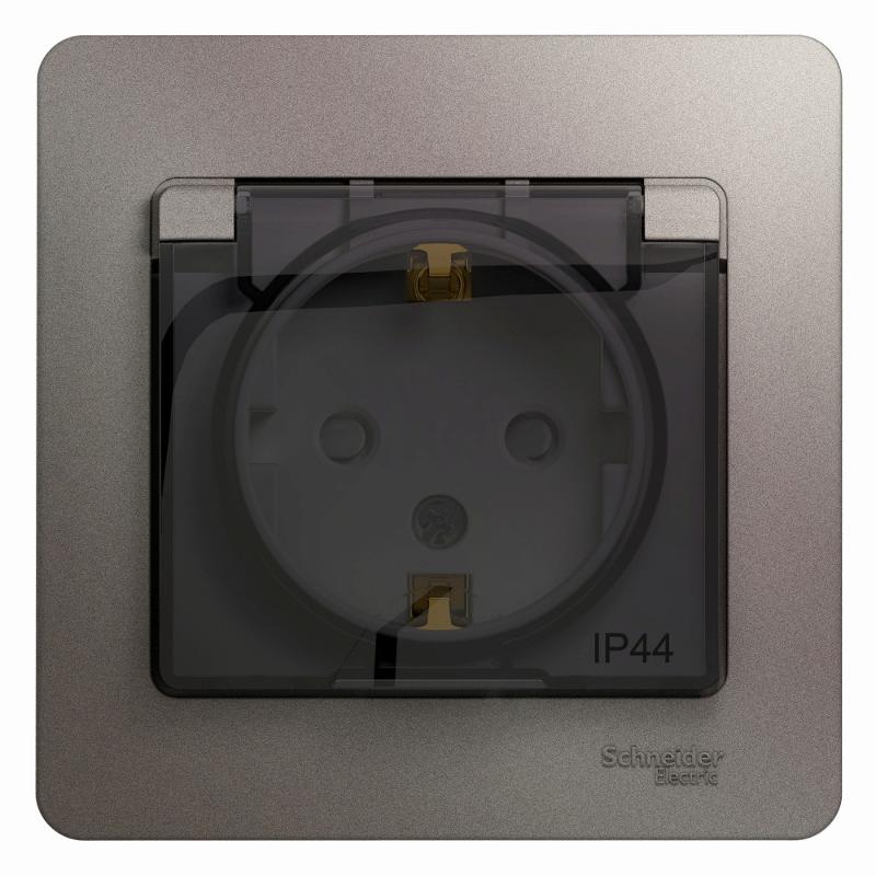 Glossa Платина Розетка с заземлением со шторками с крышкой IP44 (в сборе)