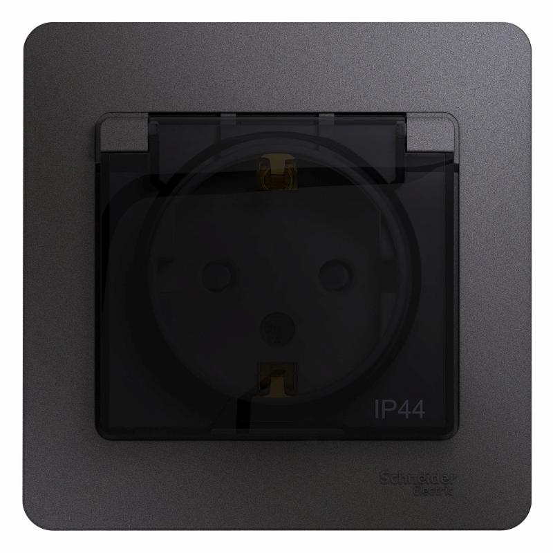 Glossa Графит Розетка с заземлением со шторками с крышкой IP44 (в сборе)