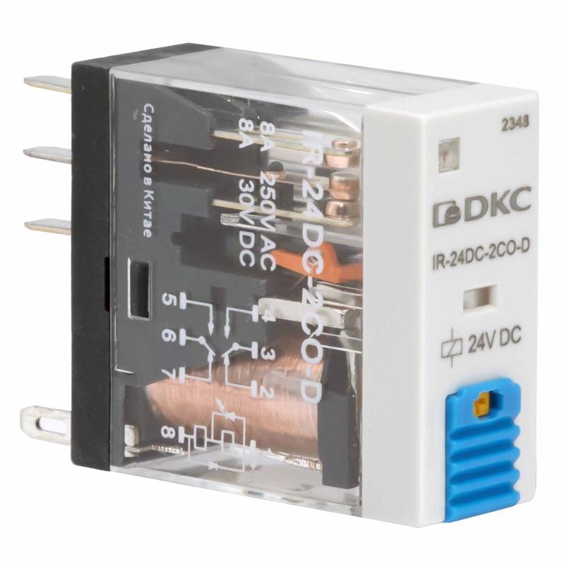 Реле миниатюрное промышленное, 2CO, ком. ток 8А, AgSnO₂, напряжение 110V DC, опция: тест-кнопка+светодиод+защитный диод