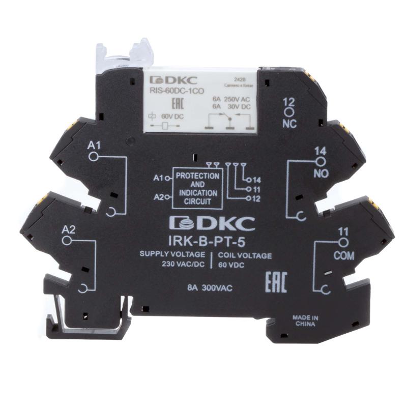 Реле интерфейсное, 1CO, ком. ток 6А, AgSnO₂, напряжение 230V AC/DC, RC- цепь, push-in клеммы.