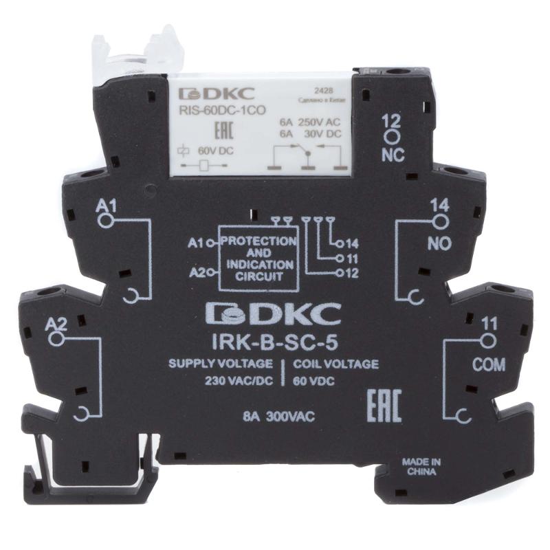 Реле интерфейсное, 1CO, ком. ток 6А, AgSnO₂, напряжение 230V AC/DC, RC- цепь, винтовые клеммы.
