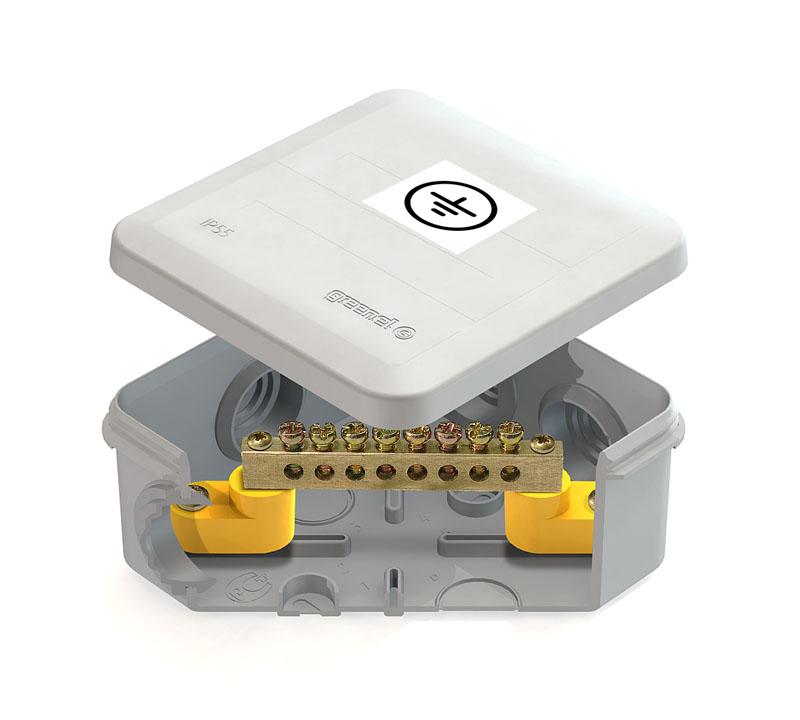 Коробка уравнивания потенциалов (КУП) для о/п 100х100х50мм IP55, серая, 6 гермов, с шиной 6х9 8груп, наклейка "заземление"
