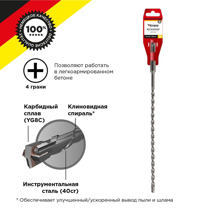 Бур по бетону 6х260 мм крестовая пластина SDS PLUS