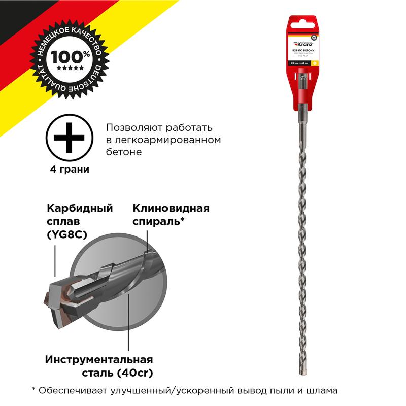 Бур по бетону 8x460x400 мм крестовая пластина