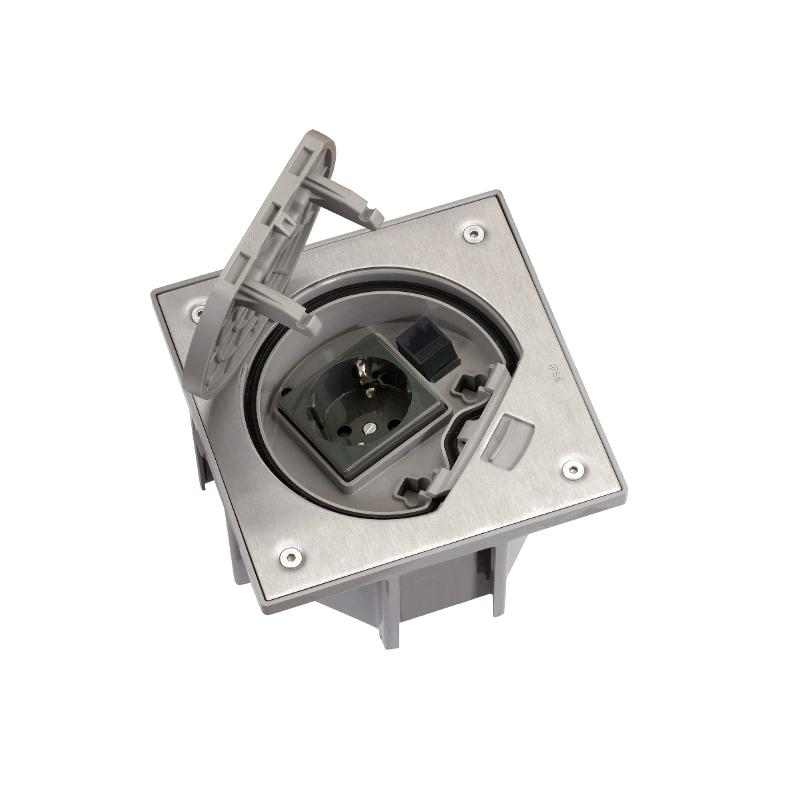 Simon Connect Влагостойкая основа с розетк.2Р+Е + коннект.RJ45 ("мама", 5e UTP), в комплекте, IP66, сталь