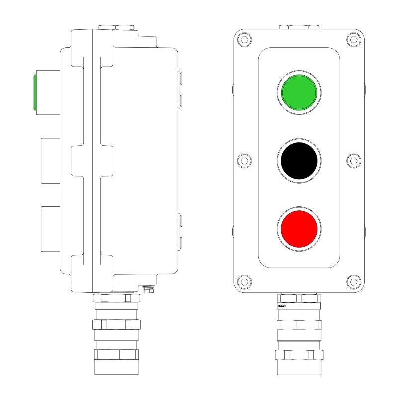 Взрывонепроницаемый пост управления из алюминия LCSD-03-B-MC-L1G(220)x1-P1B(11)x1-P1R(11)x1-PCMB-KA3MHK