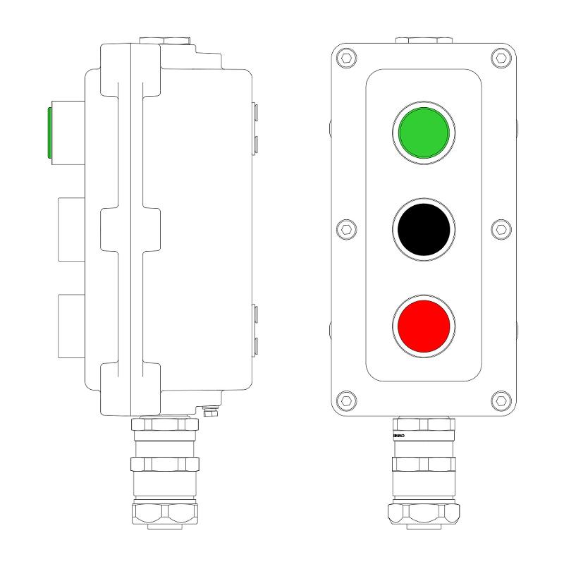 Взрывонепроницаемый пост управления из алюминия LCSD-03-B-MB-L1G(220)x1-P1B(11)x1-P1R(11)x1-PBMB-KAEPM2MHK-20