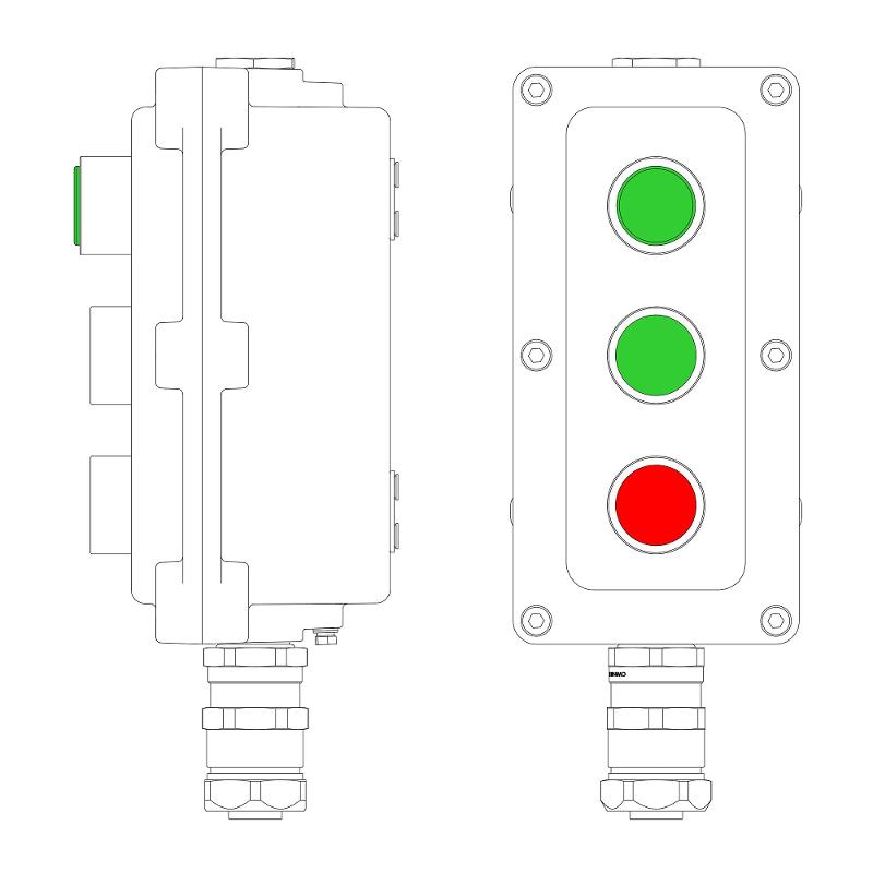 Взрывонепроницаемый пост управления из алюминия LCSD-03-B-MC-L1G(220)x1-P1G(11)x1-P1R(11)x1-PCMB-KAEPM3MHK-20