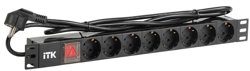 Блок розеток 19 (8шт)PDU с LED выключателем ПВХ 1U шнур 2м вилка DIN49440 (нем.станд)