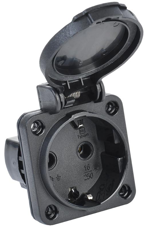 Розетка панельная 2Р+РЕ 16А з/к с крышкой IP54 черная MAGNUM РП14-3