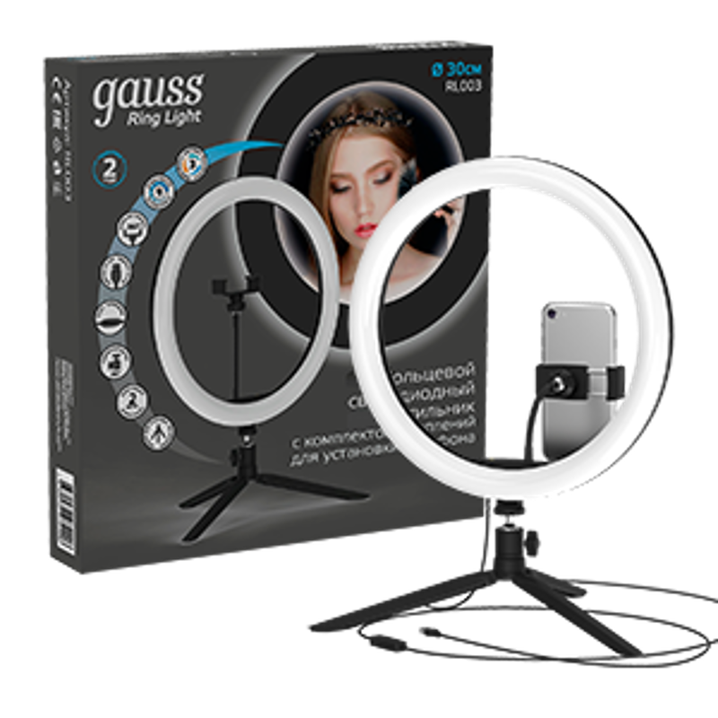 Светильник кольцевой 15W 800lm 3000-6500K 5V USB IP20 300*23мм черный дим пульт е LED 1/20
