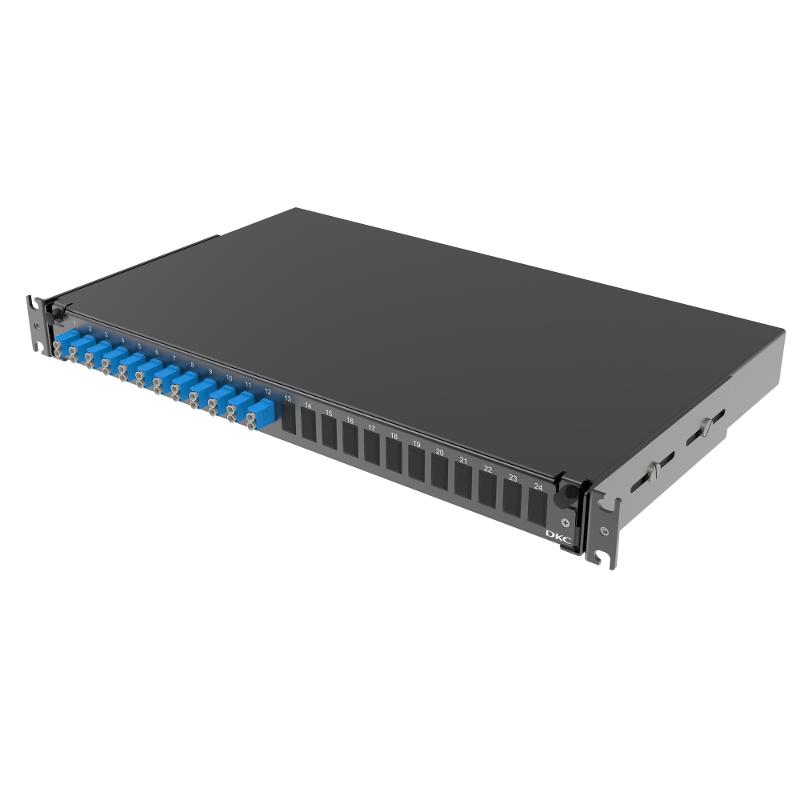 Оптическая полка выдвижная 1U с адатерами 12 х duplex LC OS2 в комплекте с лицевой панелью, пигтейлами, сплайс-кассет(ой/ами) и гильзами КДЗС