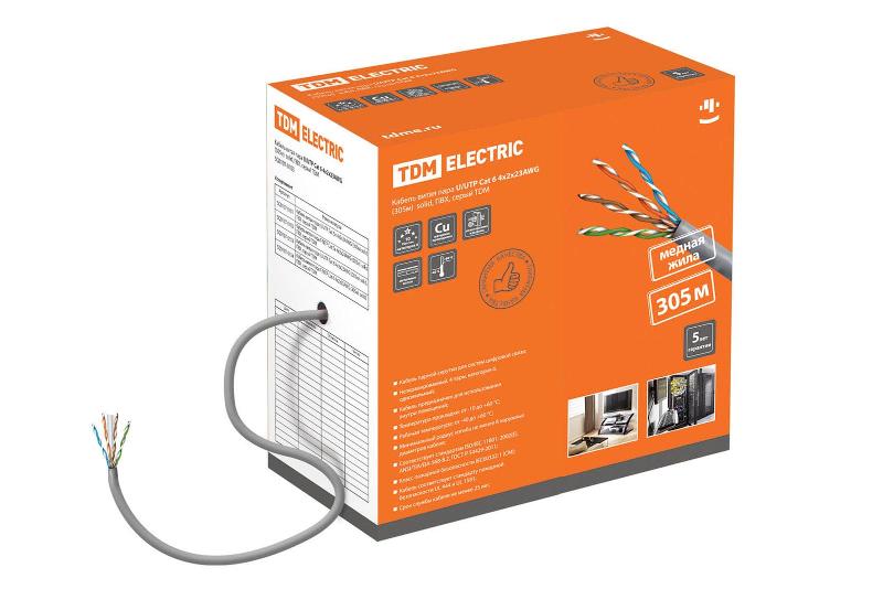Кабель витая пара U/UTP Cat 6 4х2х23AWG (305м)  solid, ПВХ, серый