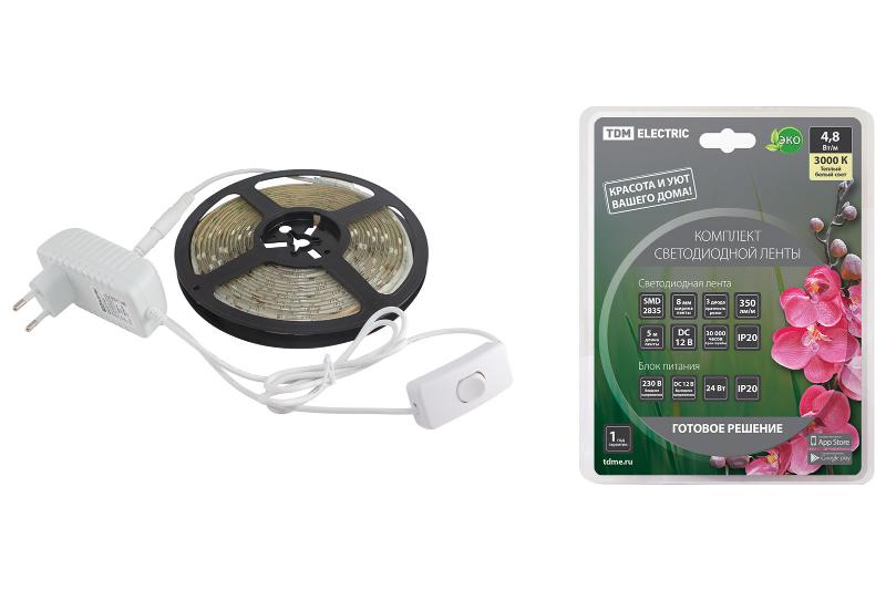 Комплект светодиодной ленты SMD2835-60 LED/м-12 В-4,8 Вт/м-IP20-3000 К (5 м), 24 Вт
