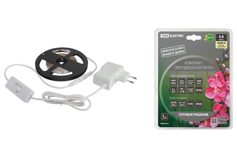 Комплект светодиодной ленты SMD2835-60 LED/м-12 В-4,8 Вт/м-IP20-3000 К (3 м), 18 Вт