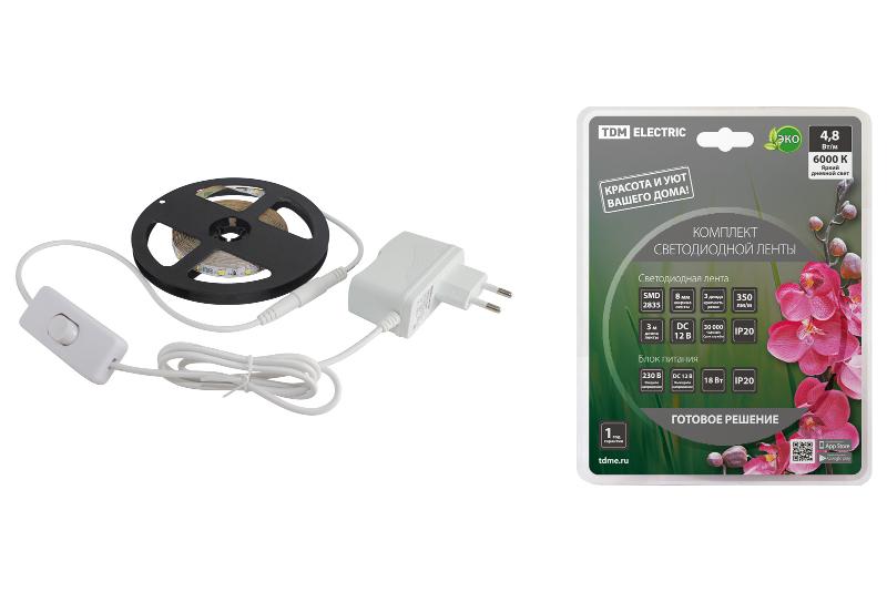 Комплект светодиодной ленты SMD2835-60 LED/м-12 В-4,8 Вт/м-IP20-6000 К (3 м), 18 Вт