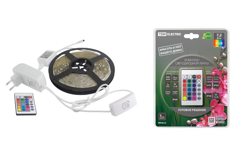 Комплект светодиодной ленты SMD5050-30 LED/м-12 В-7,2 Вт/м-IP20-RGB (5 м), 24 Вт, IR-контроллер