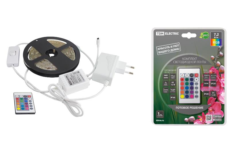 Комплект светодиодной ленты SMD5050-30 LED/м-12 В-7,2 Вт/м-IP20-RGB (3 м), 18 Вт, IR-контроллер