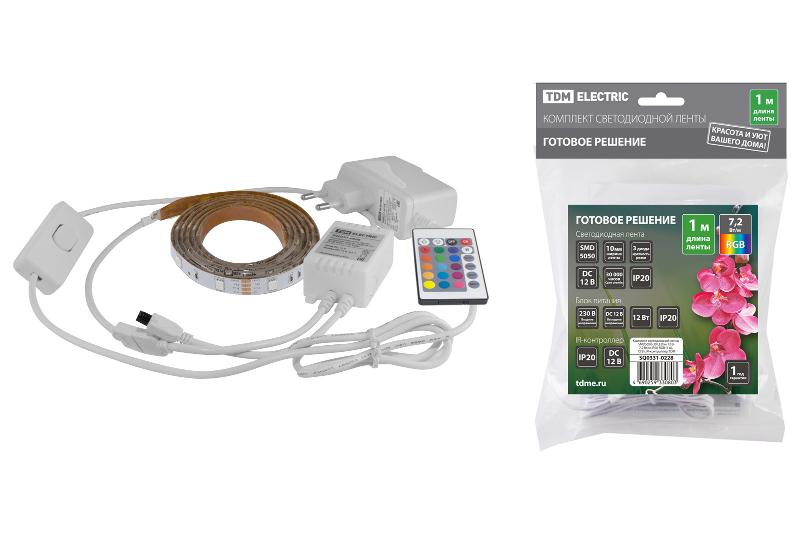 Комплект светодиодной ленты SMD5050-30 LED/м-12 В-7,2 Вт/м-IP20-RGB (1 м), 12 Вт, IR-контроллер