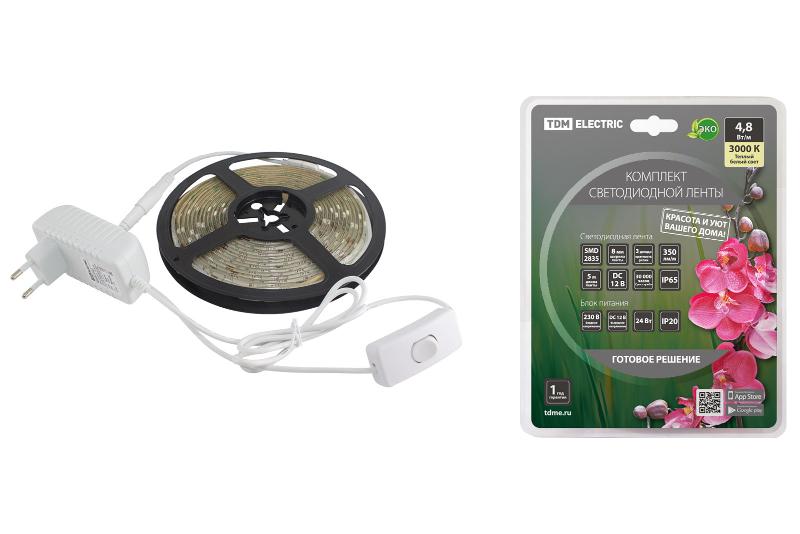 Комплект светодиодной ленты SMD2835-60 LED/м-12 В-4,8 Вт/м-IP65-3000 К (5 м), 24 Вт