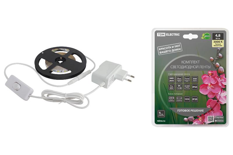 Комплект светодиодной ленты SMD2835-60 LED/м-12 В-4,8 Вт/м-IP65-3000 К (3 м), 18 Вт