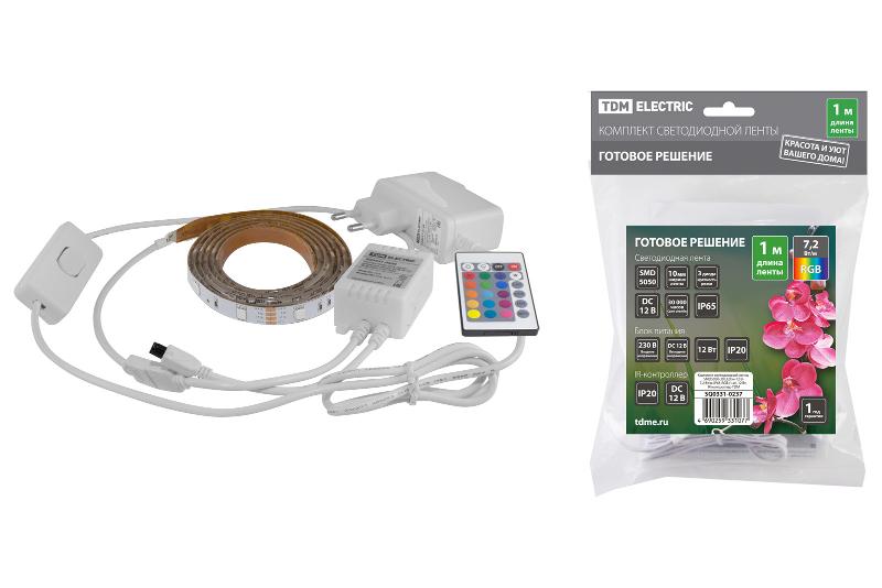 Комплект светодиодной ленты SMD5050-30 LED/м-12 В-7,2 Вт/м-IP65-RGB (1 м), 12 Вт, IR-контроллер