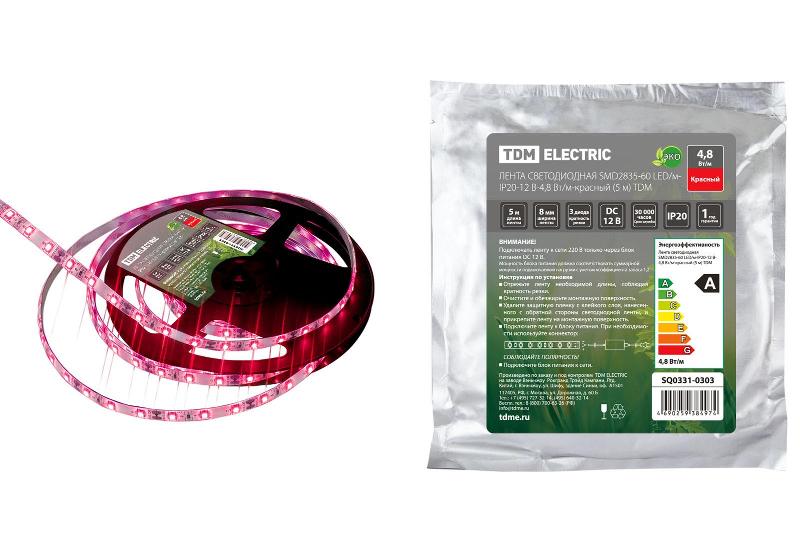 Лента светодиодная SMD2835-60 LED/м-IP20-12 В-4,8 Вт/м-красный (5 м)