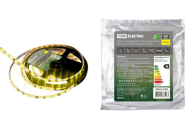 Лента светодиодная SMD2835-60 LED/м-IP20-12 В-4,8 Вт/м-желтый (5 м)