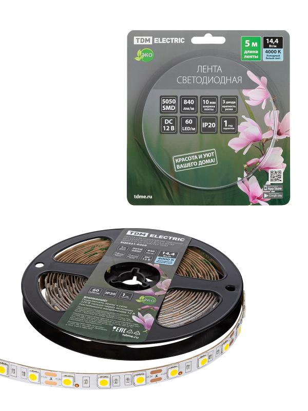 Лента светодиодная SMD5050-60 LED/м-IP20-12 В-14,4 Вт/м-4000 К (5 м) блистер