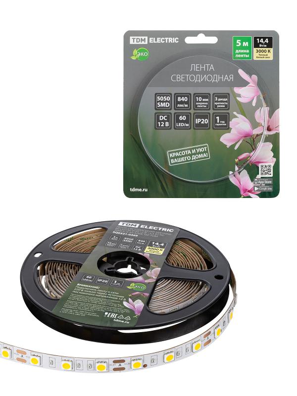 Лента светодиодная SMD5050-60 LED/м-IP20-12 В-14,4 Вт/м-3000 К (5 м) блистер