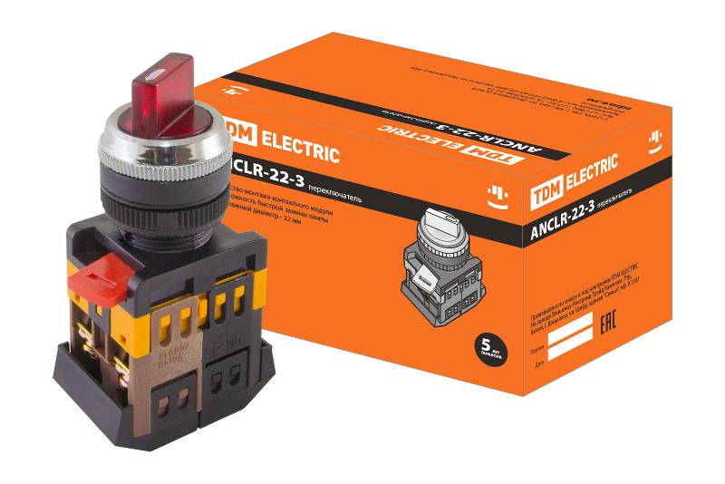Переключатель АNСLR-22-3 на 3 фикс.полож.красный неон/230В I-O 1з+1р